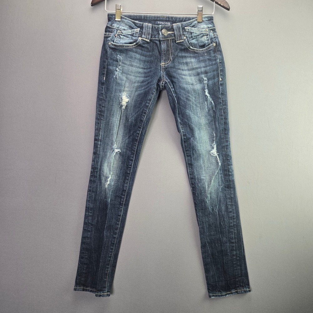 Vigoss Jeans The Thompson Tomboy Skinny 28 Dark Wash Distressed Low Rise Denim